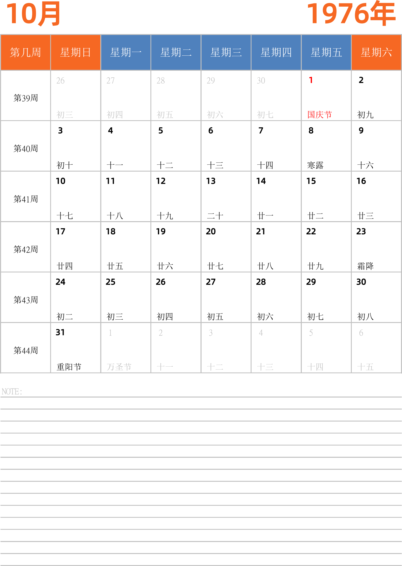 日历表1976年日历 中文版 纵向排版 周日开始 带周数 带节假日调休安排